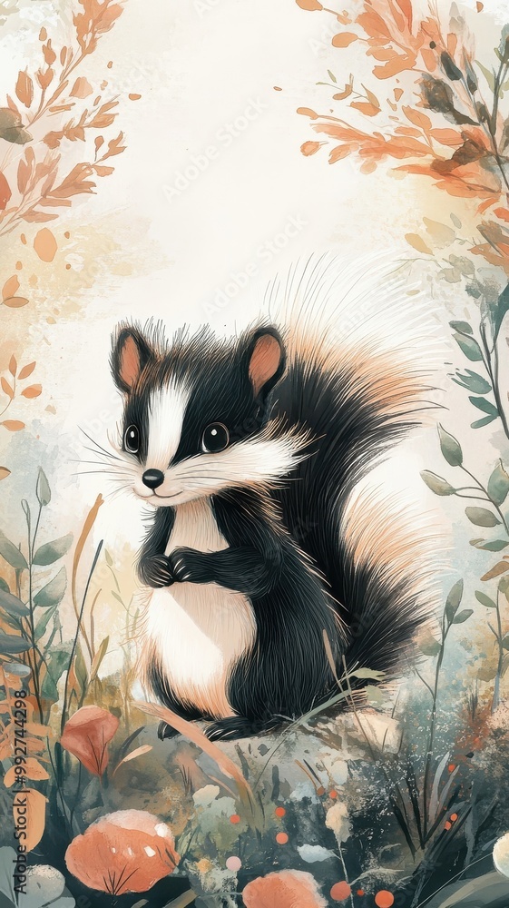 Fototapeta premium Skunk illustrated in soft watercolor, blending seamlessly with a dreamy forest setting in pastel hues.