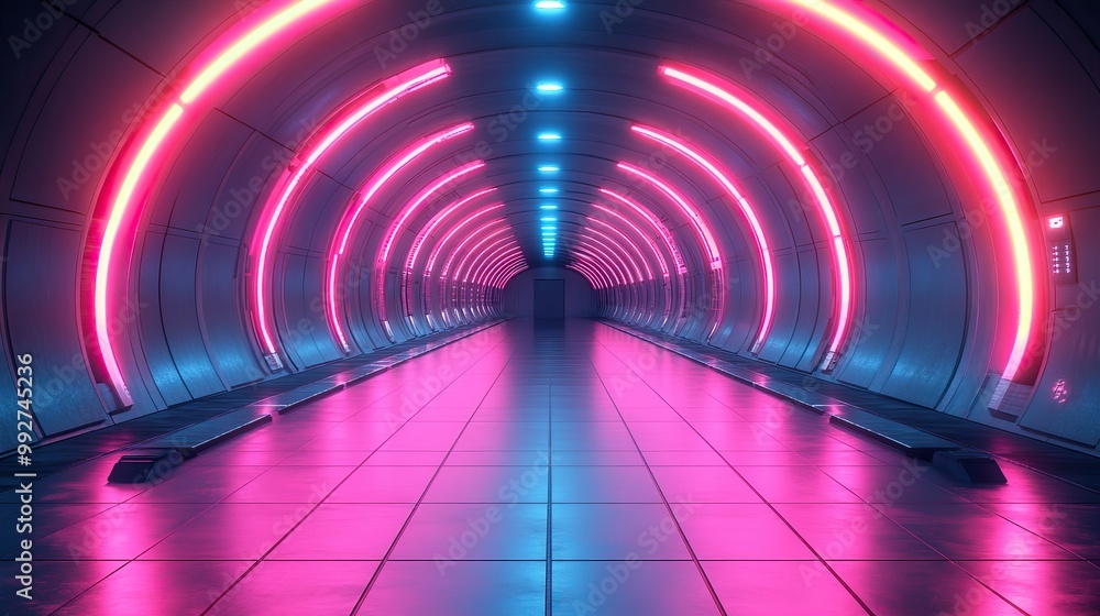 A 3D abstract rendering of a futuristic sci-fi interior with pink and blue neon tubes, creating a digital technology environment. A 3D abstract rendering of a futuristic sci-fi interior with pink and blue neon tubes, creating a digital technology environment.