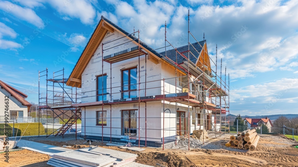 Exterior view of a new house in scaffolding under construction and painting. Exterior view of a new house in scaffolding under construction and painting.
