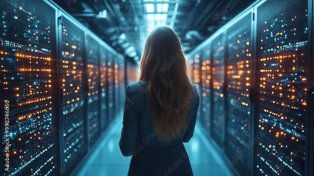 A 3D graphics concept illustrates a female CTO in a data center activating servers, symbolizing digital transformation, SaaS, and cloud computing services. A 3D graphics concept illustrates a female CTO in a data center activating servers, symbolizing digital transformation, SaaS, and cloud computing services.