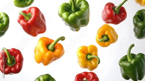 Vibrant peppers plummeting down against a clean white background