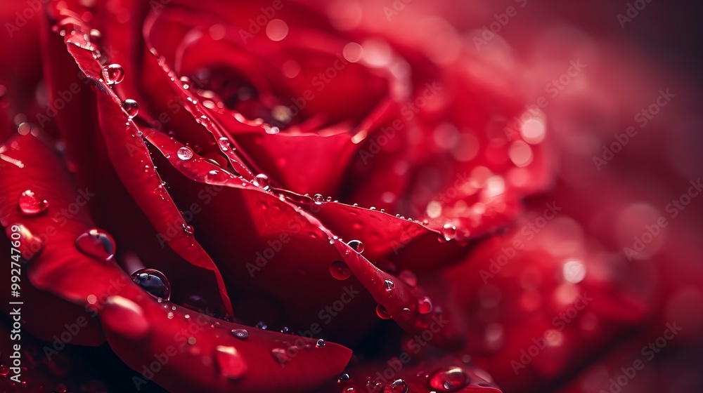 A close up picture with water drops on the red rose 