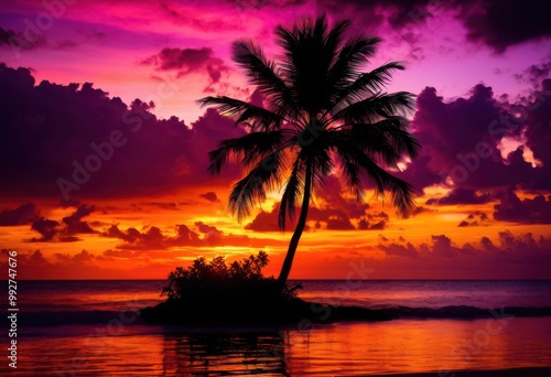 silhouette exotic palm tree stunningly vibrant sunset featuring rich purple gradient colors, orange, pink, nature, tropical, evening, sky, landscape, beauty