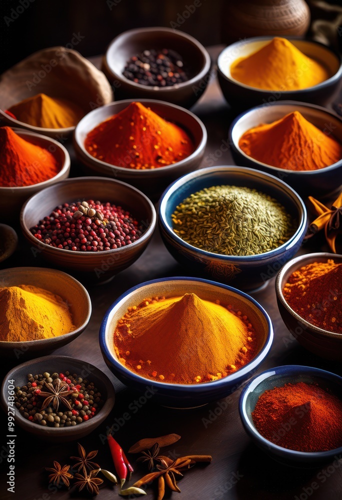 vibrant display colorful spices ceramic bowls showcasing rich textures diverse hues, seasoning, cuisine, herbal, ingredient, flavor, aroma, food, collection vibrant display colorful spices ceramic bowls showcasing rich textures diverse hues, seasoning, cuisine, herbal, ingredient, flavor, aroma, food, collection