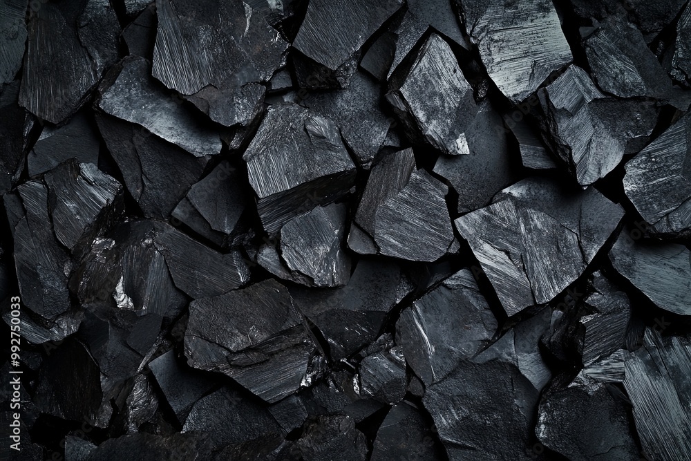 A detailed close-up of coal chunks, with rich black surfaces and jagged textures