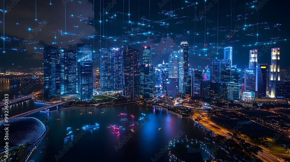 3. A vibrant city skyline at night, illuminated by drone lights and connected by floating data streams 3. A vibrant city skyline at night, illuminated by drone lights and connected by floating data streams
