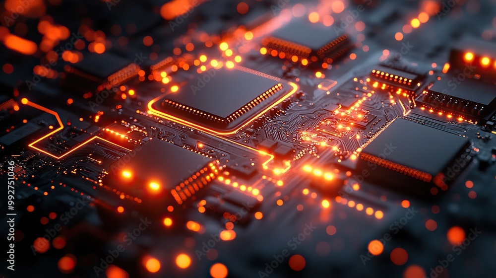 A 3D render of microchip technology with neon data flows, illustrating the intricate designs of advanced digital circuits. A 3D render of microchip technology with neon data flows, illustrating the intricate designs of advanced digital circuits.