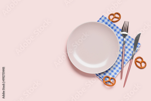 Empty plate, cutlery, blue ...