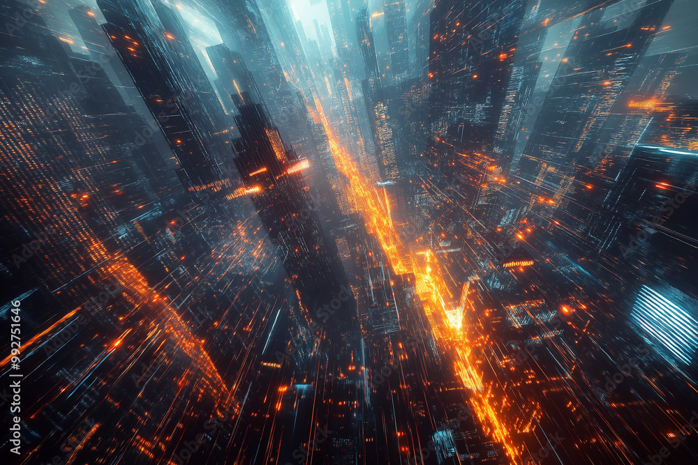 Naklejka premium Abstract Cityscape with Glowing Lines and Sharp Angles in a Futuristic Vision
