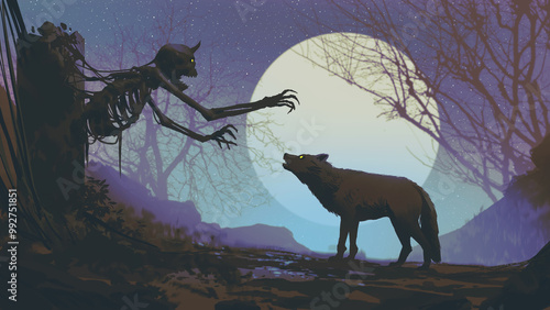 Fotografia A haunting graphic of a wolf meeting a ghost in a dark, eerie cemetery under a moonlit sky, blending horror and mystery