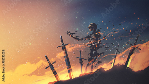 Tableau sur toile A dramatic graphic of a skeleton ghost engulfed in radiant holy light, symbolizing a clash between dark spirits and divine forces