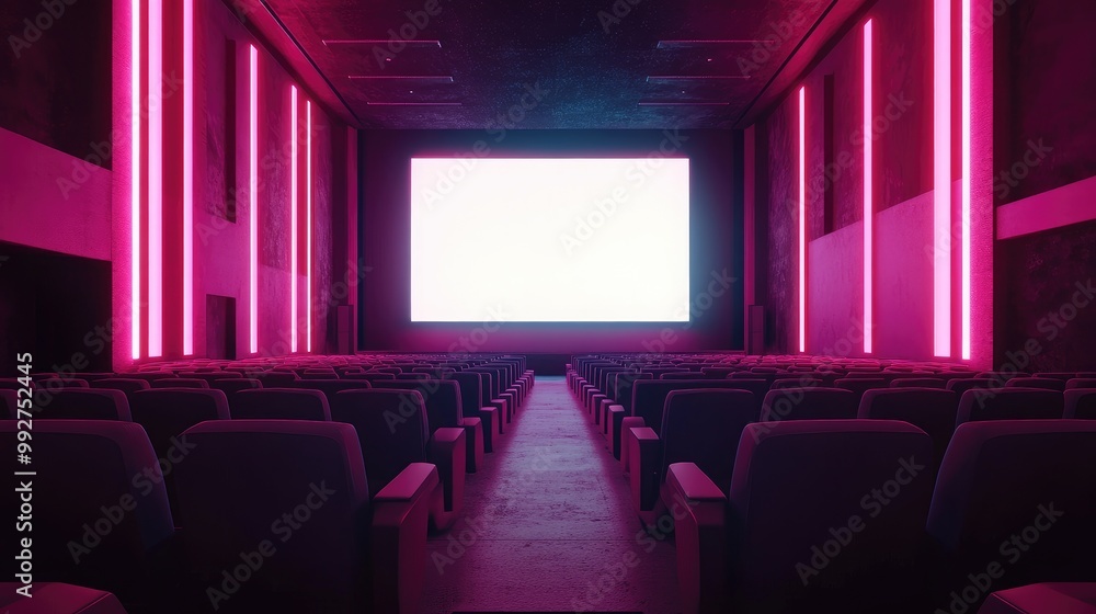 Futuristic cinema hall with neon lights and a blank white screen, rows of gray seats. No people, no logos. Futuristic cinema hall with neon lights and a blank white screen, rows of gray seats. No people, no logos.