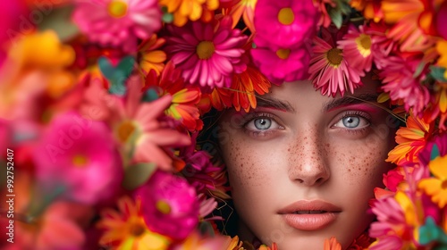 Vibrant Face Surrounded by Colorful Flowers in Studio Setting