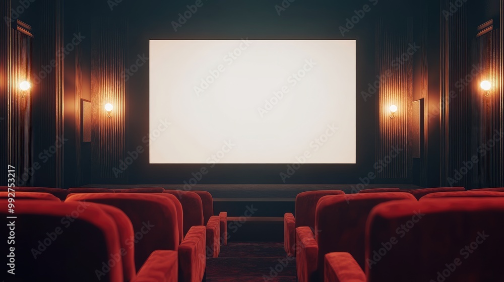 Obraz premium Modern movie theater with soft lighting, red velvet chairs, and a blank white screen. AI-generated, no people, no logos.