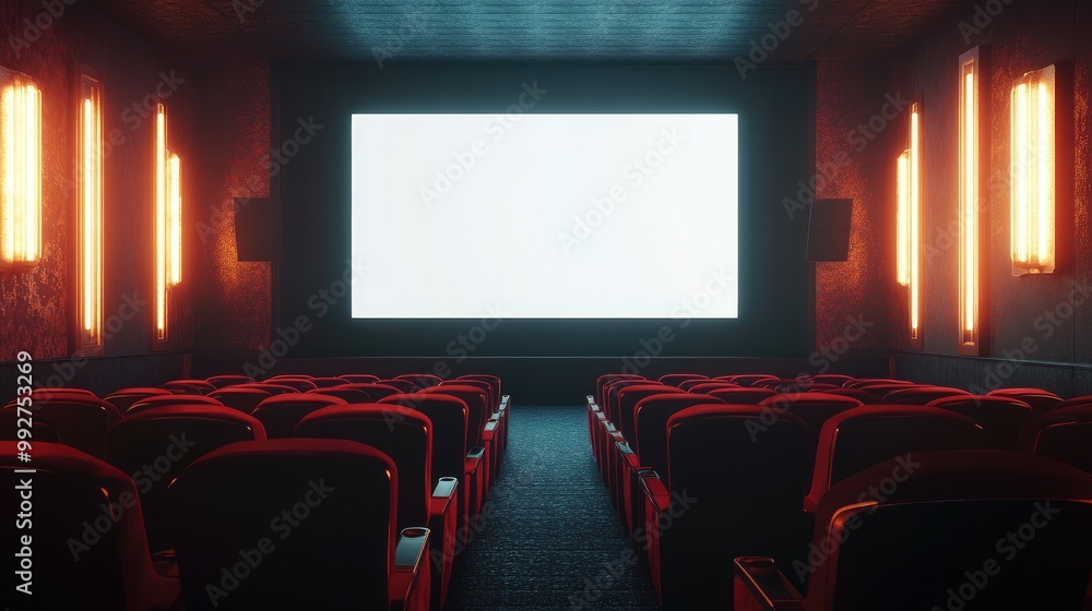 Modern movie theater with soft lighting, red velvet chairs, and a blank white screen. AI-generated, no people, no logos. Modern movie theater with soft lighting, red velvet chairs, and a blank white screen. AI-generated, no people, no logos.