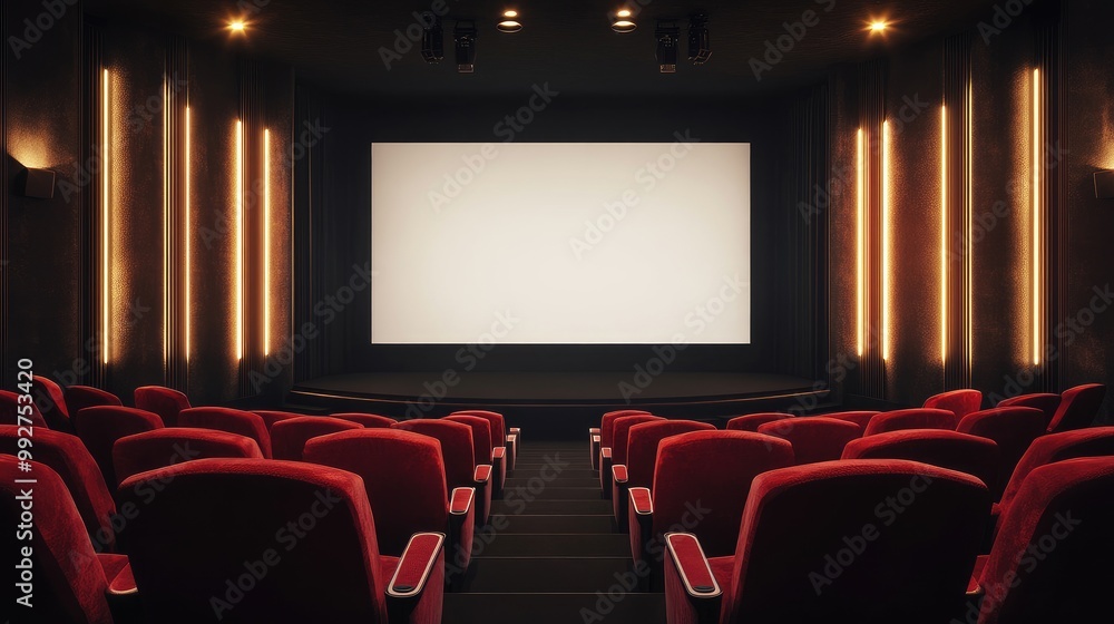 Obraz premium Modern movie theater with soft lighting, red velvet chairs, and a blank white screen. AI-generated, no people, no logos.