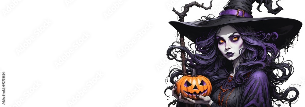 Fototapeta premium Halloween banner with creepy witch on background with copyspace. Spooky holiday banner mockup 
