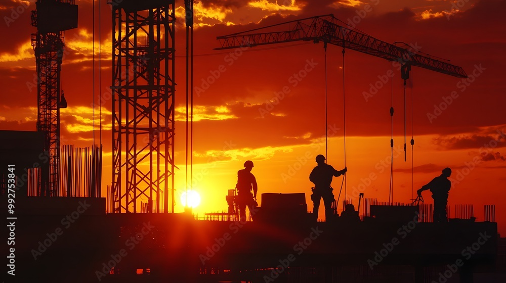 Obraz premium 9. A dramatic sunset casting shadows on a construction site, with silhouettes of workers and machinery against a vibrant sky