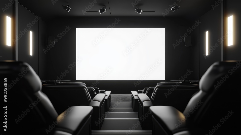 Movie theater interior with black leather seats and a large white mockup screen. AI-generated, no people, no logos. Movie theater interior with black leather seats and a large white mockup screen. AI-generated, no people, no logos.