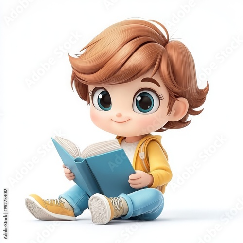 Cute Cartoon Child Reading Book with Joyful Expression