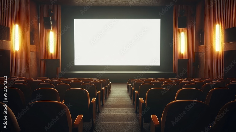 Small cozy theater with soft lighting, rows of brown seats, and a blank white screen. No people, no logos. Small cozy theater with soft lighting, rows of brown seats, and a blank white screen. No people, no logos.