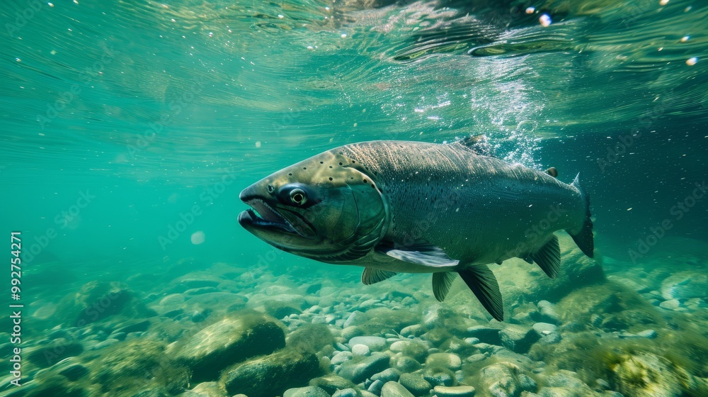 Fototapeta premium Fishing for wild salmon, fish underwater. 