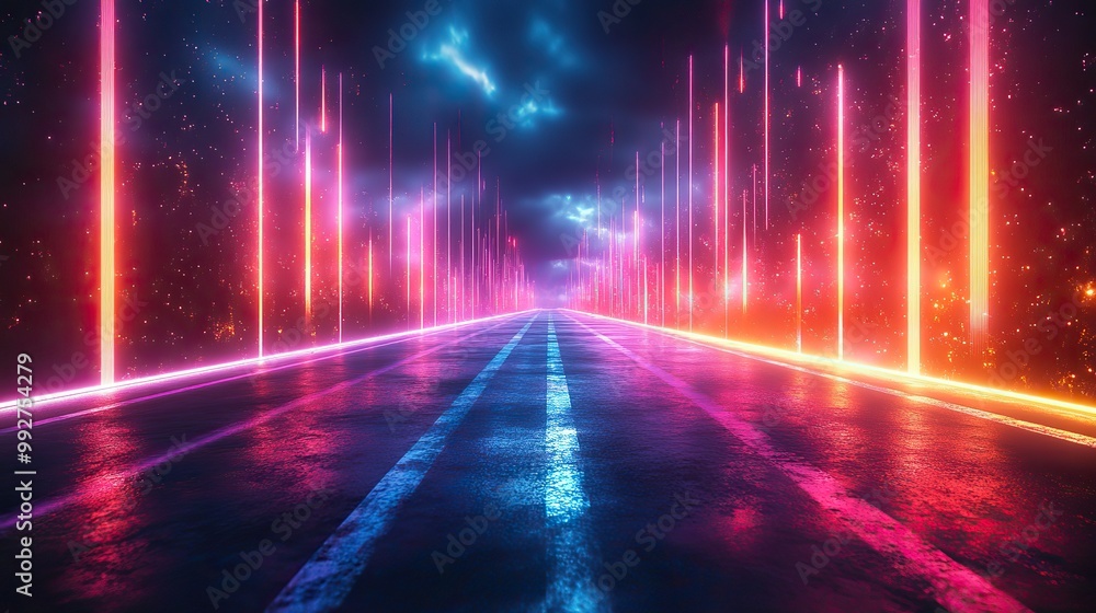 A 3D rendering of a neon background with ascending pink and blue glowing lines, creating a vibrant digital aesthetic with laser ray effects. A 3D rendering of a neon background with ascending pink and blue glowing lines, creating a vibrant digital aesthetic with laser ray effects.
