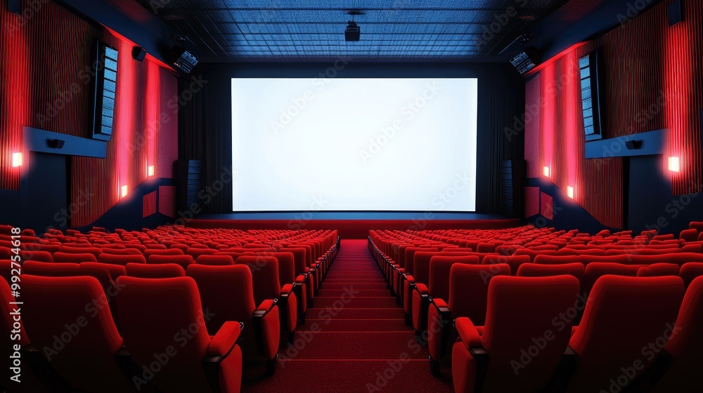 Spacious cinema hall with perfectly aligned rows of red seats and a white blank screen. No people, no logos. Spacious cinema hall with perfectly aligned rows of red seats and a white blank screen. No people, no logos.