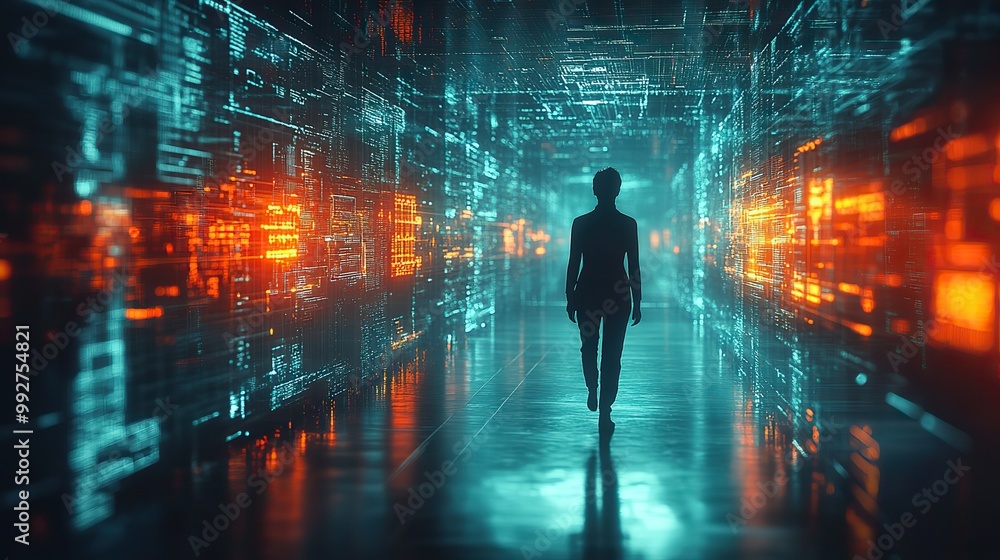 A 3D rendering of a virtual human silhouette on a technology background, depicting the integration of digital and human elements in a modern context. A 3D rendering of a virtual human silhouette on a technology background, depicting the integration of digital and human elements in a modern context.