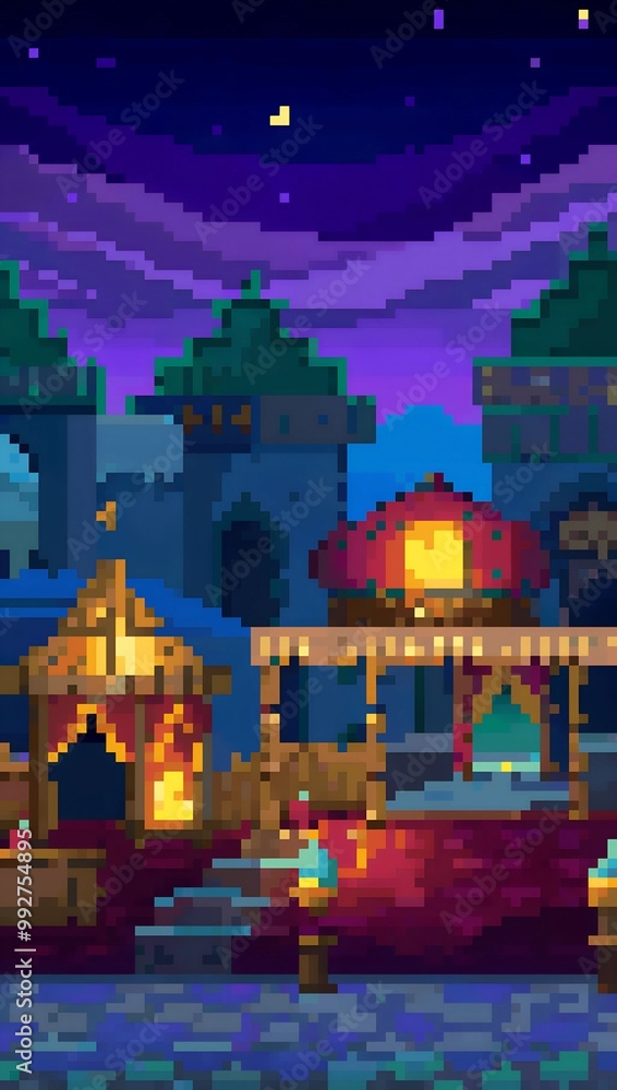 Obraz premium Arabian bazaar at night pixel art background. 8-bit game assets