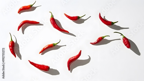 Peppers plummeting gracefully isolated on a clean white backdrop photo