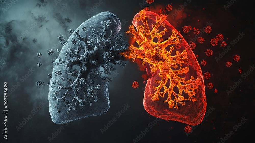 This image shows the difference between a healthy lung and a lung damaged by the coronavirus. This image shows the difference between a healthy lung and a lung damaged by the coronavirus.
