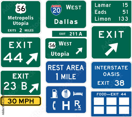 Highway Interchange Sign Collection with Pull-Through, Exit Number, Mileage, and Specific Service Signs for Food and Rest Areas. Road signs in the United States.