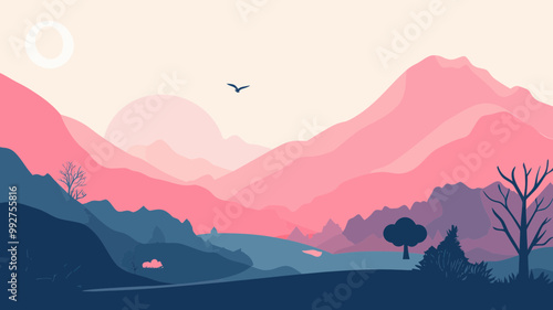 Scenic Flat Design Landscape Illustration with Pink Mountains, River, and Silhouetted Birds - Ideal for Backgrounds and Creative Projects