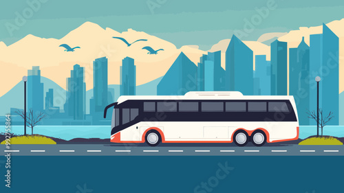 Modern Bus Travel Banner with Scenic Cityscape and Mountain Background, Vector Design for Travel and Transport Promotion, Tourism, Urban Commute, Road Trip Advertising, Flat Style Illustration photo