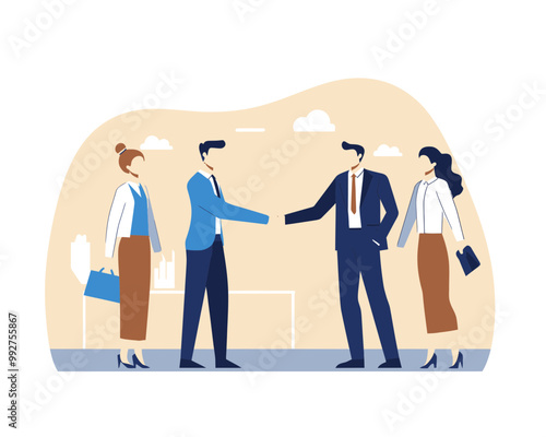 New Employee Onboarding: Manager Shakes Hands with New Hire During Office Introduction and Orientation Training, Flat Minimalist Vector
