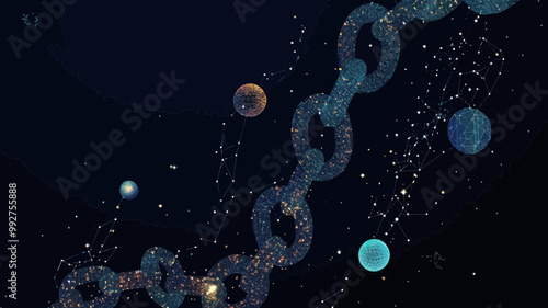 Abstract Chain Links in Space with Stars and Planets, Vector Wireframe, Low Poly Starry Sky Concept, Cosmic Network Connections, Minimalist SVG Art