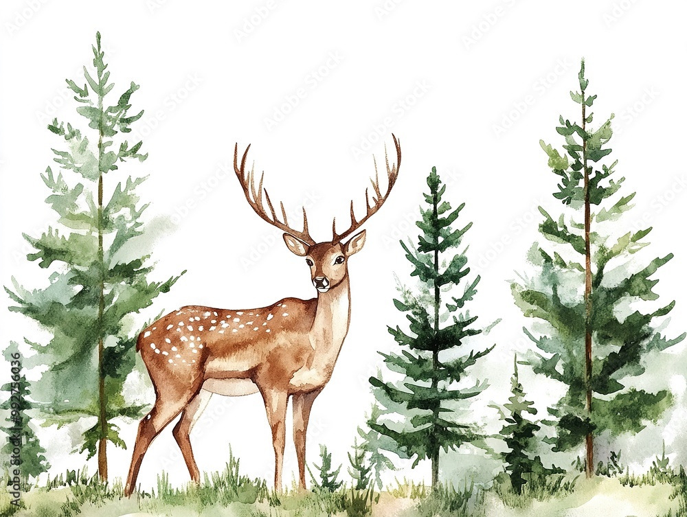 Obraz premium Watercolor forest scene with a deer and pine trees, hand-drawn on white background.