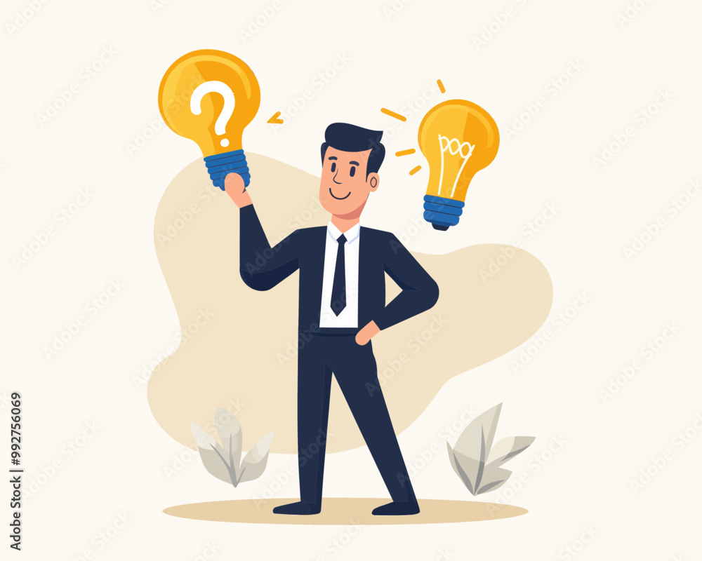 Creative Problem Solving and Q&A Concept - Businessman Holding Question Mark and Lightbulb Icons Vector, FAQ Support, Solution Ideas, Minimalist Flat Design SVG Creative Problem Solving and Q&A Concept - Businessman Holding Question Mark and Lightbulb Icons Vector, FAQ Support, Solution Ideas, Minimalist Flat Design SVG
