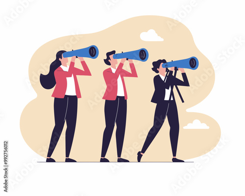 Business Team Searching for Opportunities, Career Development Concept, Minimalist SVG Vector with Binoculars and Telescope, SEO Research, Flat Design Illustration