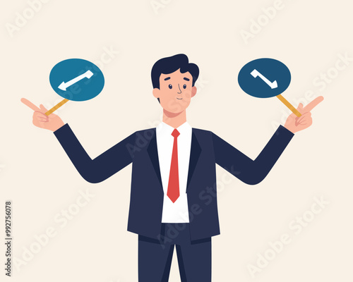 Business Decision Making Concept: Thoughtful Businessman Holding Right and Wrong Signs in Minimalist Flat Vector Illustration