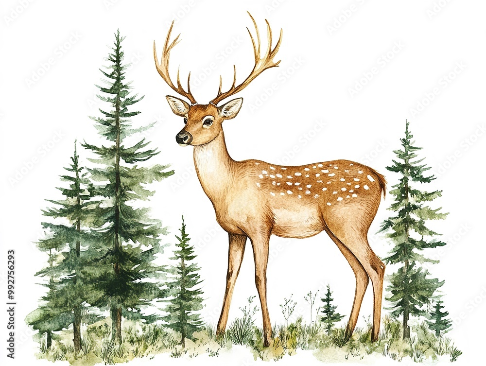 Obraz premium Deer in the forest with pine trees, hand-drawn watercolor, white backdrop.