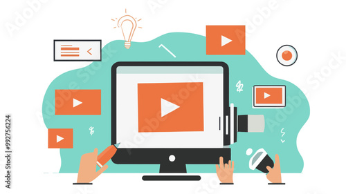 Online Video Marketing Concept with Content Creation Elements and Icons, Flat Vector Illustration for Digital Business Advertisement Strategy