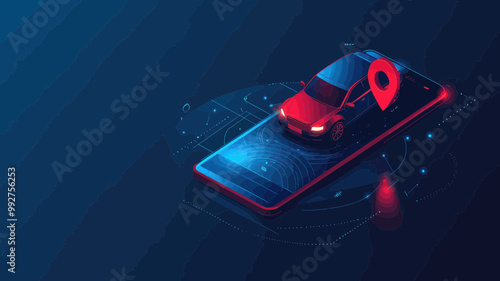 3D Polygonal Car Exiting Smartphone GPS Navigation Concept Vector Illustration - Smart Technology Digital Minimalist Design for Travel Location Apps
