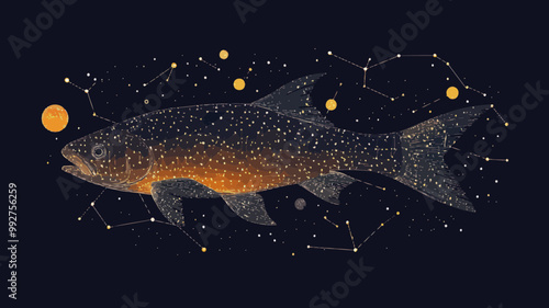 Starry Sky Fish: Cosmic Salmon Vector Wireframe with Universe and Planet Elements, Minimalist Flat Design Abstract Concept