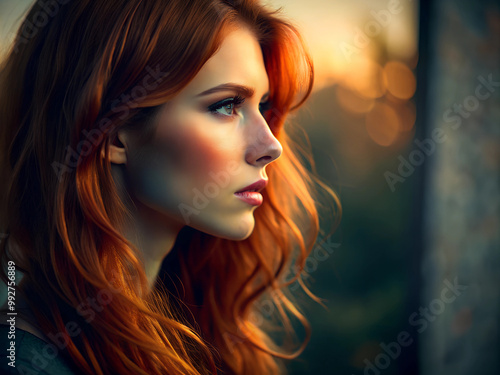 A beautiful red-haired woman gazes thoughtfully into the distance during sunset, with soft lighting highlighting her profile and creating a peaceful atmosphere. photo