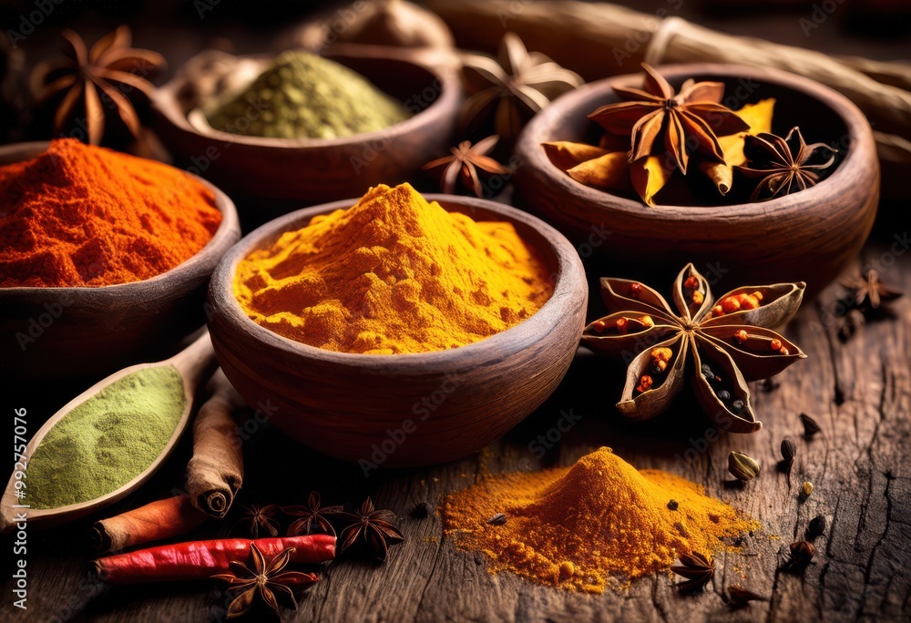 colorful display vibrant spices artistically arranged rich wooden showcasing array natural textures earthy tones, colors, arrangement, backdrop, surface, herb colorful display vibrant spices artistically arranged rich wooden showcasing array natural textures earthy tones, colors, arrangement, backdrop, surface, herb