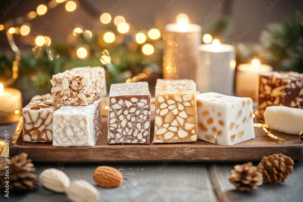 Spanish almond nougat presented on a rustic wooden tray. Adorned with soft candlelight and twinkling Christmas lights, capturing the festive spirit of family gatherings and seasonal celebrations Spanish almond nougat presented on a rustic wooden tray. Adorned with soft candlelight and twinkling Christmas lights, capturing the festive spirit of family gatherings and seasonal celebrations