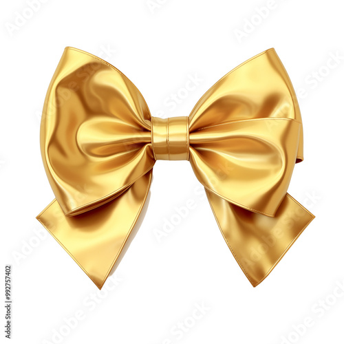 Shiny Gold Ribbon Bow With Perfectly Tied Loops Isolated On White Background