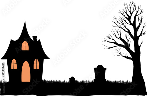 Silhouette of haunted house with tree and graveyard on transparent background